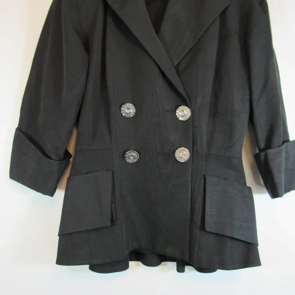 Black Double Breasted Blazer Coat Jacket 3/4 Sleeve Unique - Picture 3 of 7